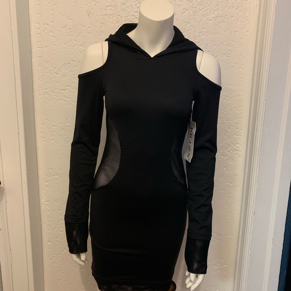 Prjon Cold Shoulder Cat Ear Hoodie Dress BLACK - Picture 4 of 5
